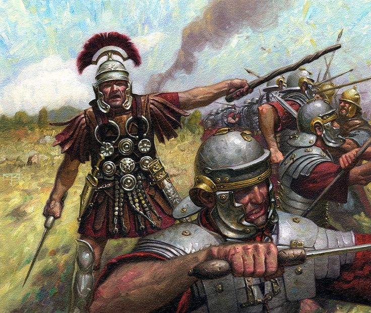 An illustration of a line of Roman Centurions, with an officer stood behind them point into the distance with a stick in their left hand, as if to issue an order to advance.
