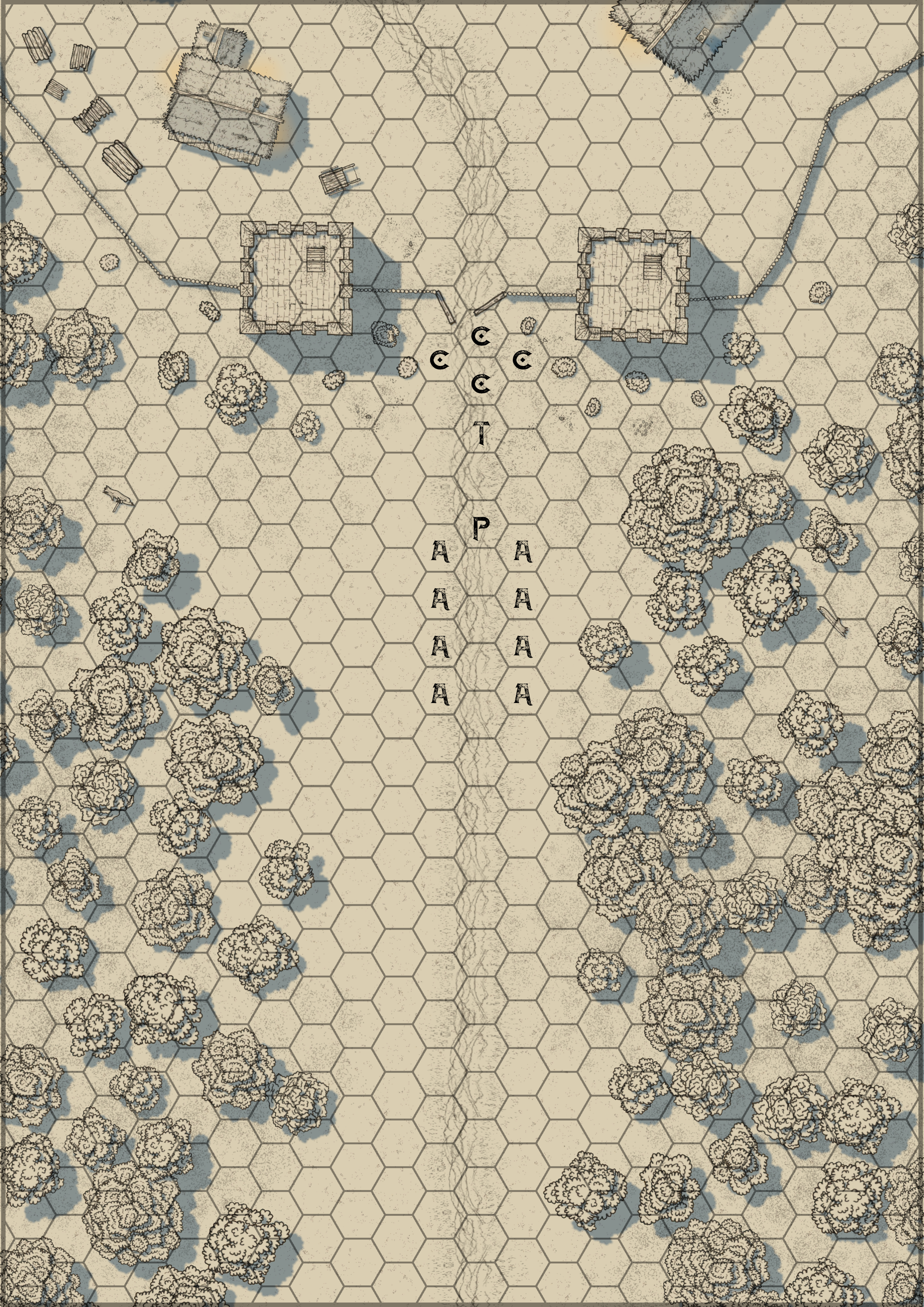 A hex map showing sparse woodland and a simple, barricaded village at the top of the map. An entrance gate is flanked by two square towers. Outside the walls of the village, some of the hexes are marked with letters to indicate starting positions for units.