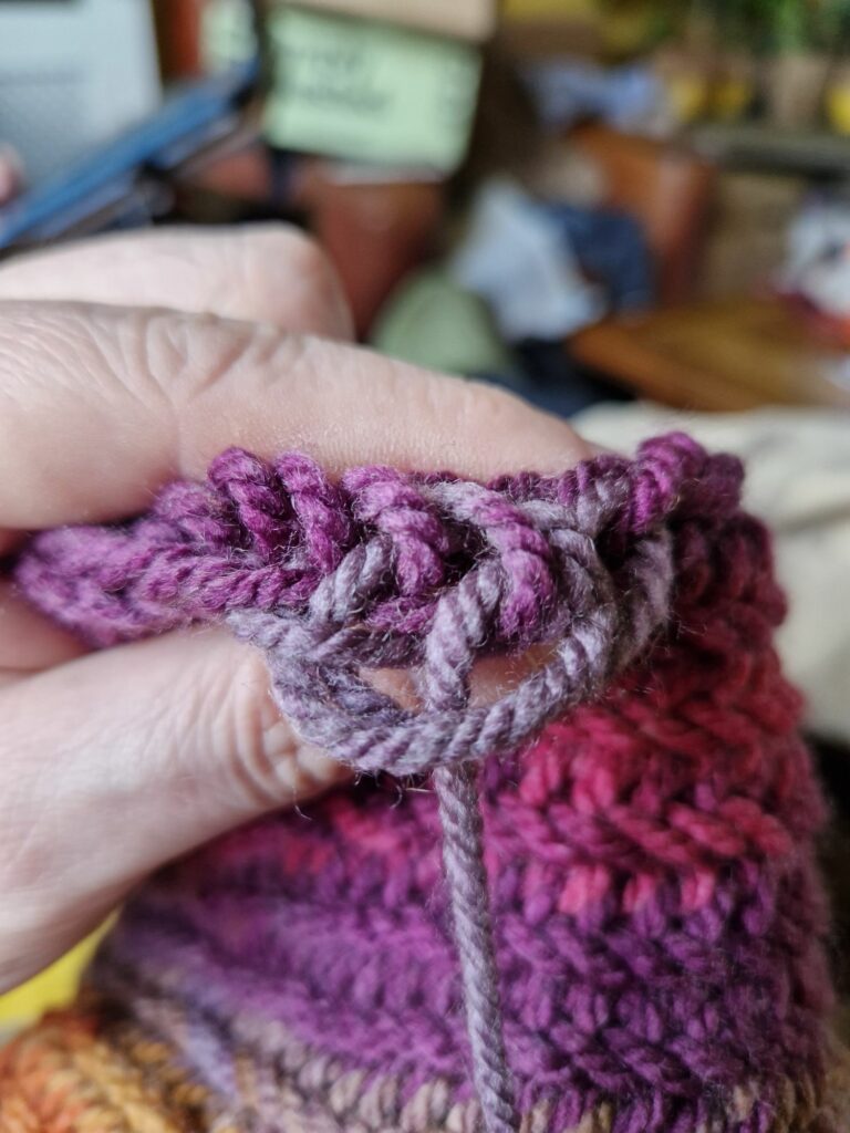 Mammen Stitch loops and working yarn on a bag project